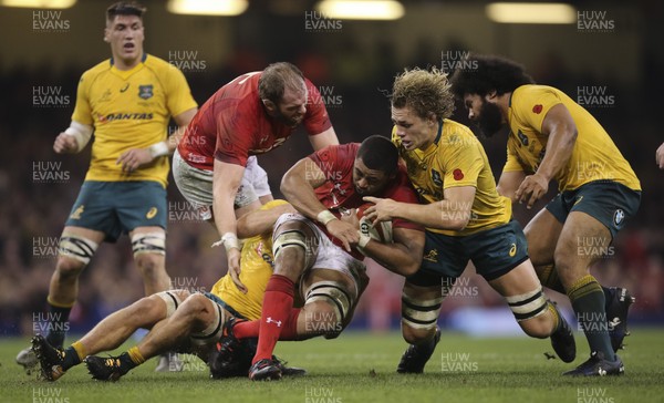111117 - Wales v Australia, Under Armour Series 2017 - Taulupe Faletau of Wales is held by Ned Hanigan of Australia