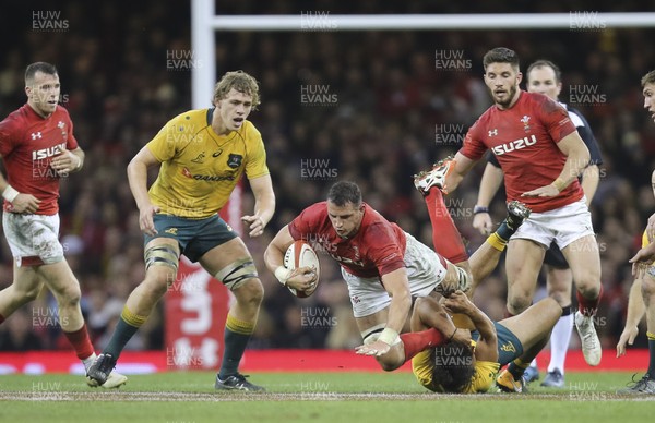 111117 - Wales v Australia, Under Armour Series 2017 - Aaron Shingler of Wales is tackled by Karmichael Hunt of Australia