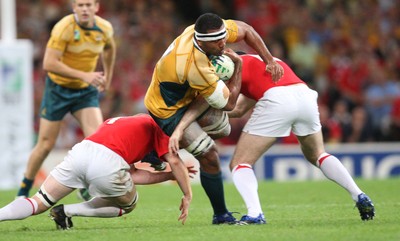 15.09.07 -Wales v Australia, RWC 2007 -  Australia's Wycliff Palu is tackled by Martyn Williams and Stephen Jones 