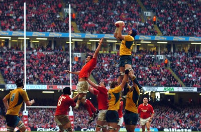 04.11.06 Wales v Australia Australia's Nathan Sharpe gets above Jonathan Thomas to secure lineout ball. 