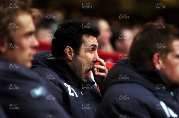 04.11.06  Wales v Australia.  Wales captain Stephen Jones watches the match from the subs bench.  