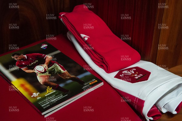 201121 - Wales v Australia - Autumn Nations Series - Match programme with shorts and socks in the dressing room