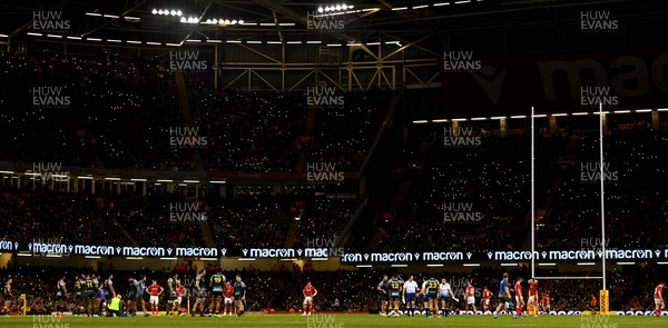 201121 - Wales v Australia - Autumn Nations Series - Supporters light up their phones in Principality Stadium