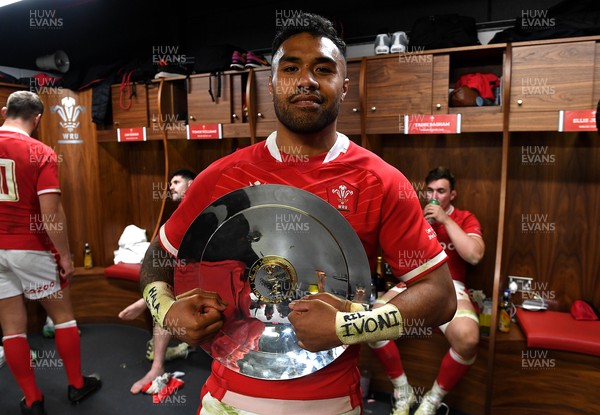 201121 - Wales v Australia - Autumn Nations Series - Willis Halaholo of Wales in the dressing room with the James Bevan Trophy at the end of the game