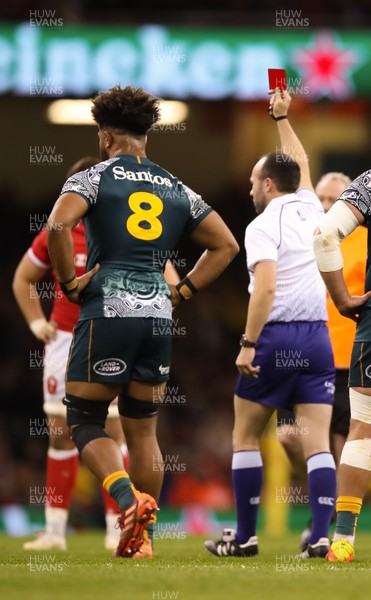 201121 - Wales v Australia, 2021 Autumn Nations Series - Rob Valetini of Australia is shown a red card after he tackles Adam Beard of Wales