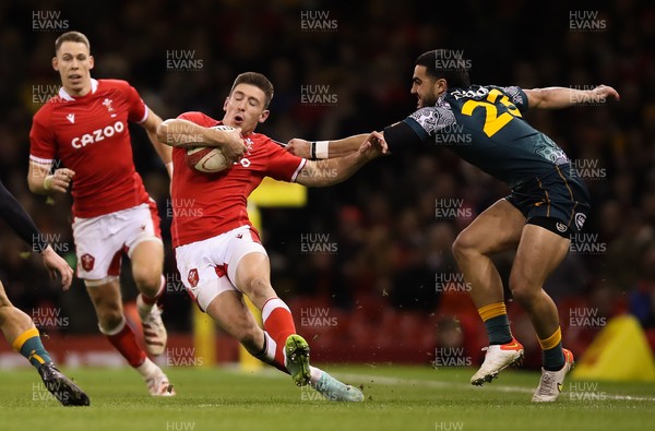 201121 - Wales v Australia, 2021 Autumn Nations Series - Josh Adams of Wales is tackled by Tom Wright of Australia