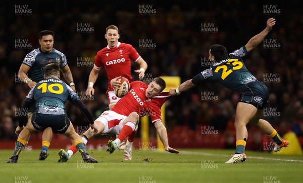 201121 - Wales v Australia, 2021 Autumn Nations Series - Josh Adams of Wales is tackled by Tom Wright of Australia