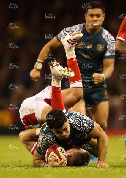 201121 - Wales v Australia, 2021 Autumn Nations Series - Hunter Paisami of Australia is tackled by Liam Williams of Wales