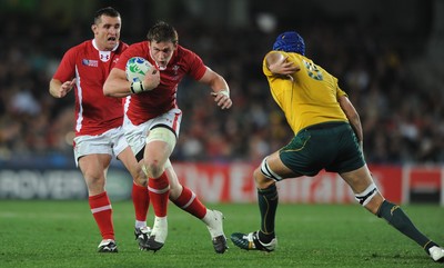 21.10.11 - Wales v Australia - Rugby World Cup Bronze Final - Dan Lydiate of Wales takes on Nathan Sharpe of Australia. 