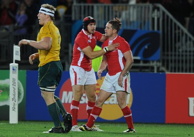 21.10.11 - Wales v Australia - Rugby World Cup Bronze Final - Shane Williams of Wales celebrates his try with Leigh Halfpenny. 