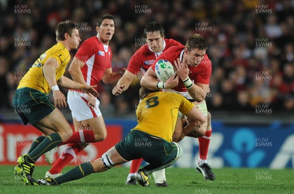 21.10.11 - Wales v Australia - Rugby World Cup Bronze Final - Dan Lydiate of Wales is tackled by Ben McCalman of Australia. 