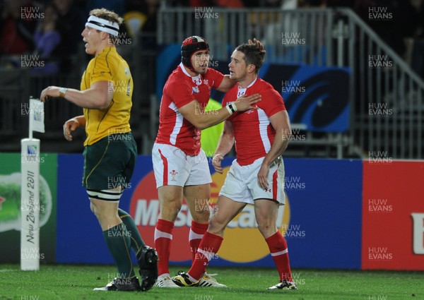 21.10.11 - Wales v Australia - Rugby World Cup Bronze Final - Shane Williams of Wales celebrates his try with Leigh Halfpenny. 