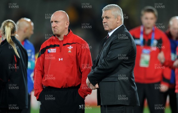 21.10.11 - Wales v Australia - Rugby World Cup Bronze Final - Wales head coach Warren Gatland(R) and defence coach Shaun Edwards look dejected at the end of the game. 