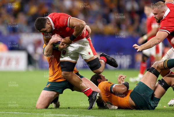 240923 - Wales v Australia - Rugby World Cup France 2023 - Pool C -  Taulupe Faletau of Wales is tackled by James Slipper of Australia