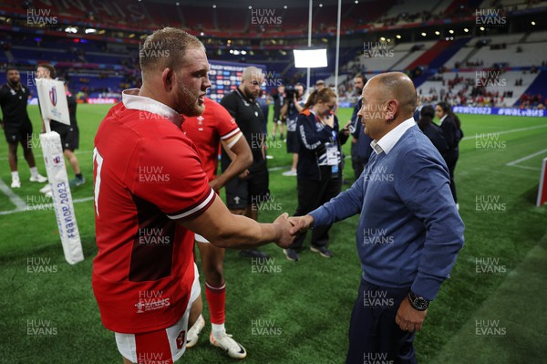 240923 - Wales v Australia - Rugby World Cup France 2023 - Pool C - Corey Domachowski of Wales and Australia Head Coach Eddie Jones at full time