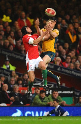 28.11.09 - Invesco Perpetual International Rugby, Wales v Australia Wales' Tom James and Australia's Peter Hynes  compete for a high ball 