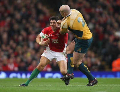 28.11.09... Wales v Australia, Invesco Perpetual 2009 Series -  Wales' James Hook takes on Australia's Stephen Moore  