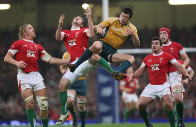 28.11.09... Wales v Australia, Invesco Perpetual 2009 Series -  Wales' Andrew Bishop is challenged by Australia's Adam Ashley-Cooper for the high ball 
