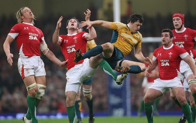 28.11.09... Wales v Australia, Invesco Perpetual 2009 Series -  Wales' Andrew Bishop is challenged by Australia's Adam Ashley-Cooper for the high ball 