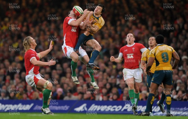28.11.09 - Wales v Australia - Invesco Perpetual Series 2009 - Wales' Andrew Bishop competes with Australia's Adam Ashley-Cooper. 