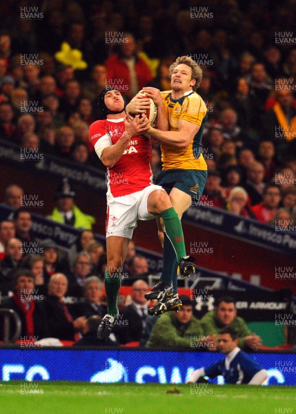 28.11.09 - Invesco Perpetual International Rugby, Wales v Australia Wales' Tom James and Australia's Peter Hynes  compete for a high ball 