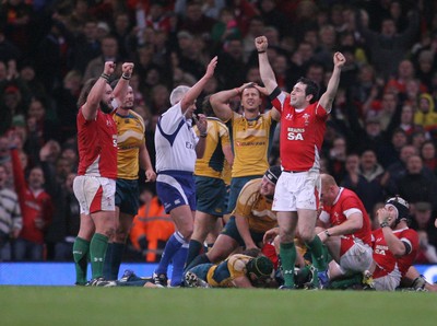 29.11.08 Wales v Australia... Wales' Stephen Jones  and Adam Jones(lt) celebrate at the final whistle. 