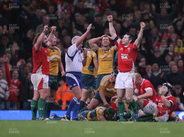 29.11.08 Wales v Australia... Wales' Stephen Jones  and Adam Jones(lt) celebrate at the final whistle. 