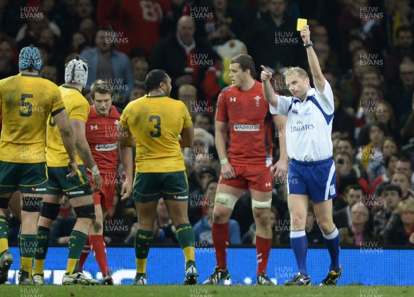 301113 - Wales v Australia - Dove Men Series 2013 -Dan Biggar (left) of Wales leaves the field after being shown a yellow card