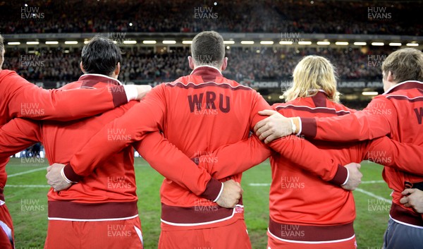 301113 - Wales v Australia - Dove Men Series 2013 -Alex Cuthbert of Wales stands for the national anthems