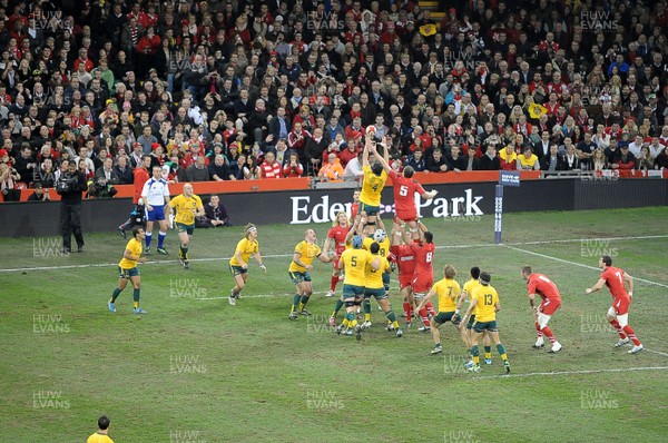 301113 - Wales v Australia - Dove Mens Series -Rob Simmons of Australia and Ian Evans of Wales contend for the ball during a line out