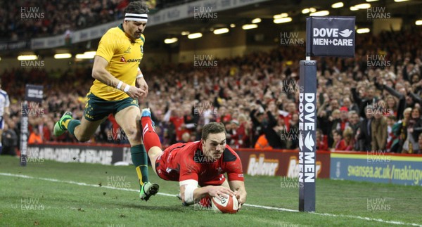 301113 - Wales v Australia, Dove Men Care Autumn Series - George North of Wales dives in to score try