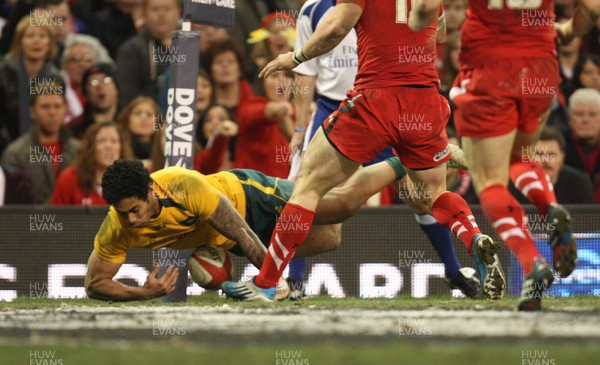 301113 - Wales v Australia, Dove Men Care Autumn Series - Joe Tomane of Australia dives in to score try