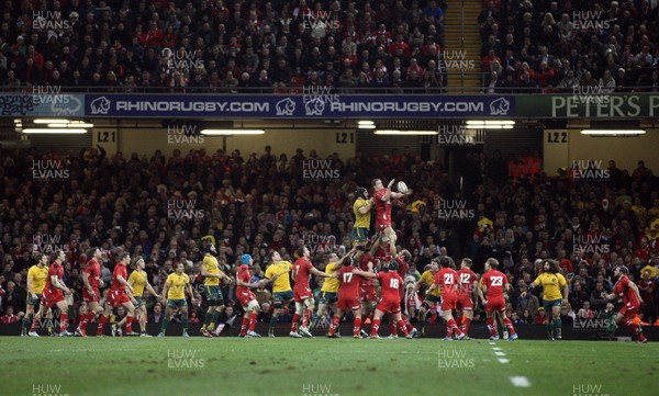 301113 - Wales v Australia, Dove Men Care Autumn Series - Ian Evans of Wales takes line out ball