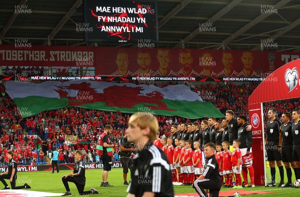 020917 - World Cup Qualifier -  European Group D - Wales v Austria - Players of Wales line up for The National Anthem 