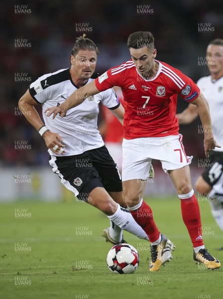 020917 - Wales v Austria, FIFA World Cup 2018 Qualifier - Tom Lawrence of Wales gets past Sebastian Prodl of Austria