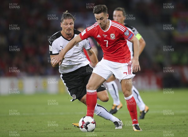 020917 - Wales v Austria, FIFA World Cup 2018 Qualifier - Tom Lawrence of Wales gets past Sebastian Prodl of Austria