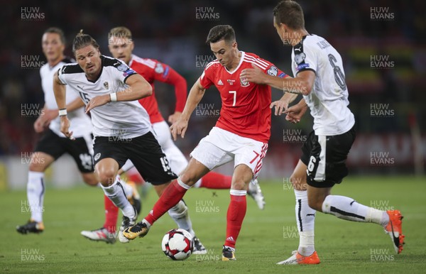 020917 - Wales v Austria, FIFA World Cup 2018 Qualifier - Tom Lawrence of Wales gets past Sebastian Prodl of Austria and takes on Stefan Ilsanker of Austria