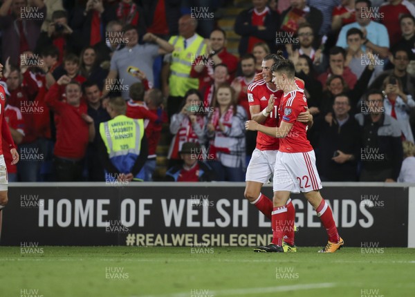 020917 - Wales v Austria, FIFA World Cup 2018 Qualifier - Ben Woodburn of Wales celebrates with Gareth Bale of Wales after scoring goal