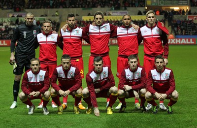 060213 - Wales v Austria, Vauxhall International Friendly Match, Swansea - The Wales team before the start of the friendly against Austria