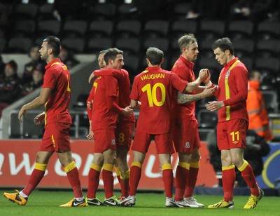 060213 - Wales v Austria - Vauxhall International Friendly Match - Swansea  -  Wales players congratulate goal scorer Gareth Bale, right