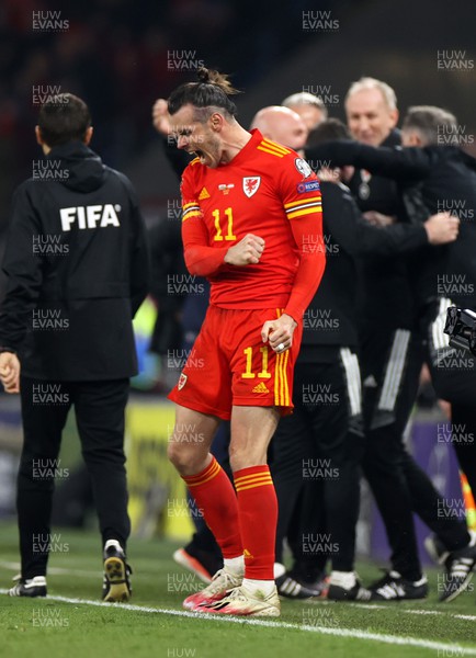 240322 - Wales v Austria - World Cup Qualifying - European - Path A - Gareth Bale of Wales celebrates on the final whistle