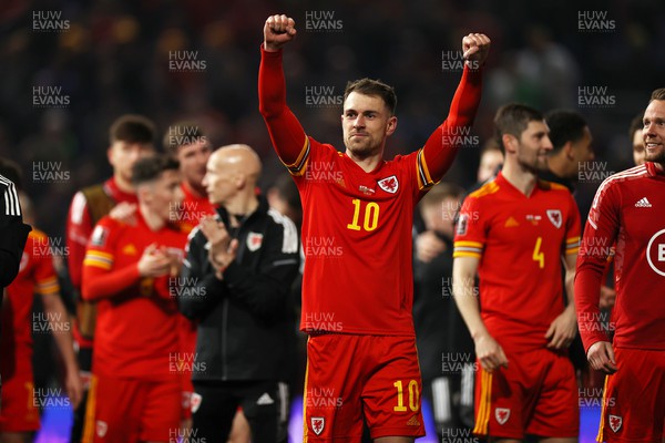 240322 - Wales v Austria - World Cup Qualifying - European - Path A - Aaron Ramsey of Wales celebrates at full time