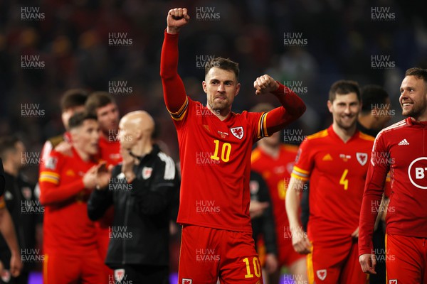 240322 - Wales v Austria - World Cup Qualifying - European - Path A - Aaron Ramsey of Wales celebrates at full time