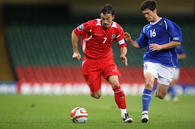06.09.08... Wales v Azerbaijan, World Cup 2010 Qualifying Match, Cardiff  -  Wales' Simon Davies gets past Azerbaijan's Elvin Mamedov  