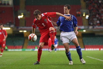 06.09.08... Wales v Azerbaijan, World Cup 2010 Qualifying Match, Cardiff  -  Wales' Chris Gunter controls under pressure form Azerbaijan's Elmar Bakhsiyev  
