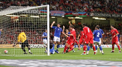 06.09.08... Wales v Azerbaijan, World Cup 2010 Qualifying Match, Cardiff  -  Wales' Sam Vokes (15) puts the ball into the net to score goal 
