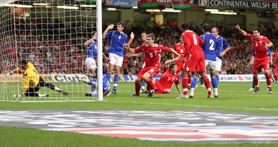 06.09.08... Wales v Azerbaijan, World Cup 2010 Qualifying Match, Cardiff  -  Wales' Sam Vokes (15) puts the ball into the net to score goal 