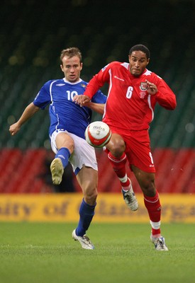 06.09.08... Wales v Azerbaijan, World Cup 2010 Qualifying Match, Cardiff  -  Wales' Ashley Williams wins the ball from Azerbaijan's Branimir Subasic  