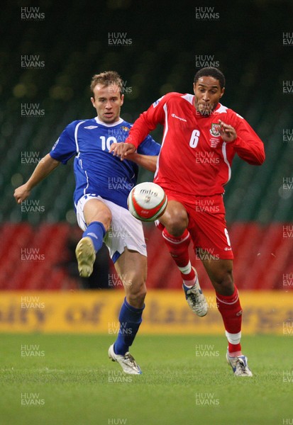 06.09.08... Wales v Azerbaijan, World Cup 2010 Qualifying Match, Cardiff  -  Wales' Ashley Williams wins the ball from Azerbaijan's Branimir Subasic  
