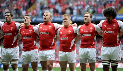 04.06.11 - Wales v Barbarians - DHL Challenge - Josh Turnbull, Scott Williams, Scott Andrews, Lloyd Burns, Morgan Stoddart and Toby Faletau of Wales line up for the national anthems. 
